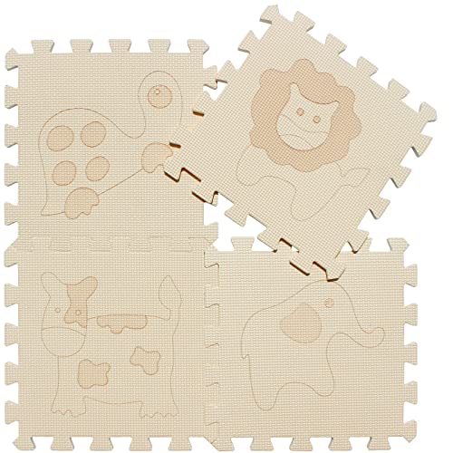 Image of qqpp EVA 18 Tiles Baby Play Mat for Playing, Interlocking Foam Floor Mats for Tummy Time & Crawling, Puzzle Flooring Tiles with Animals Laser Pattern for Kids. Beige. QL-11(J) b18N
