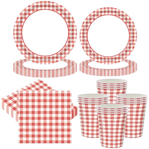 RONGZUBAT Decoraciones de Fiesta a Cuadros Set de Vajilla para Fiesta, Set de Vajilla a Cuadros Rojos de 68 Piezas, accesorios de fiesta con platos de papel, vasos de papel y servilletas