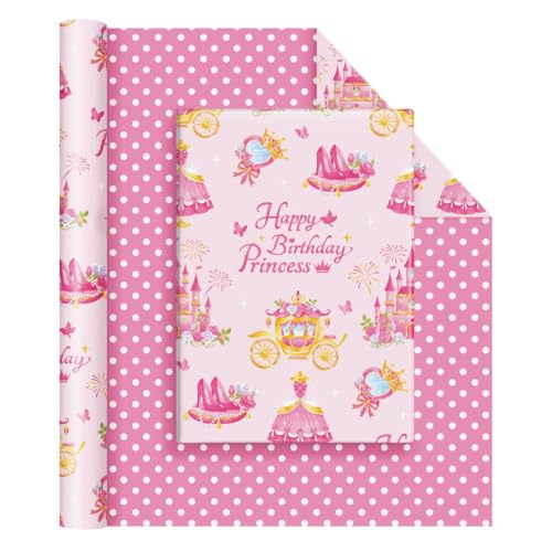 WERNNSAI Princess Castle Wrapping Paper - 1 roll 17x33ft Happy Birthday Wrapping Paper Roll for Kids Girls Pink Carriage Castle Gift Wrap Roll Princess Theme Party Favor Polka Design