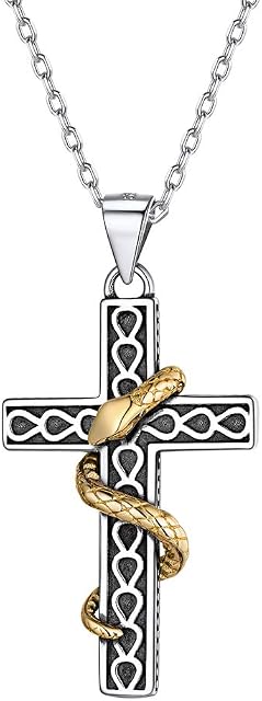 PROSTEEL Customized, Satanism/Ankh Cross Snake Necklace with Chain, 316L Stainless Steel/Gold Plated/Black Color(with Gift Box)