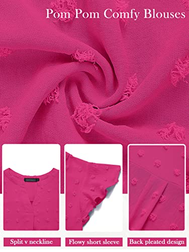 Merokeety Women V Neck Flowy Short Sleeve Swiss Dot Blouse Business Casual Loose Shirt Top Hotpink X-Large #TOP4