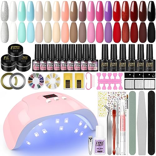 PEACECOLOR Kit Uñas Semipermanentes Completo 21PCS Esmalte en Gel 7ml con Matte Top Coat y Basecoat con 36W Lámpara Led Uñas Kit Uñas Poly U-V Gel Uñas de 15ml Accesorios para Manicura