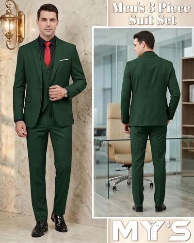 Image of MY'S Men's 3 Piece Suit Notch Lapel 2 Button Blazer Slim Fit Dress Business Party Jacket Vest Pants & Tie Set