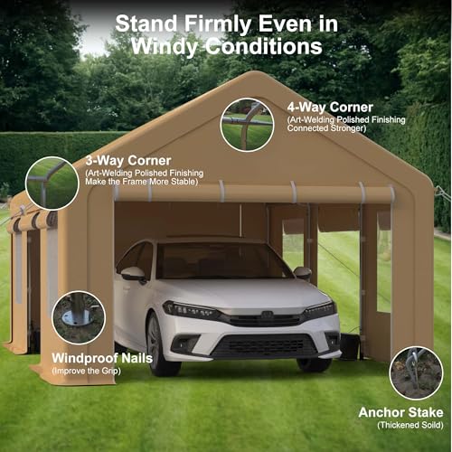 Heavy Duty Carport, Portable Garage with 4 Doors & 4 Window,Upgraded Carport with Reinforced Steel Poles, Uv Resistant All-Season Waterproof Tarp, for Car, Truck, Boat