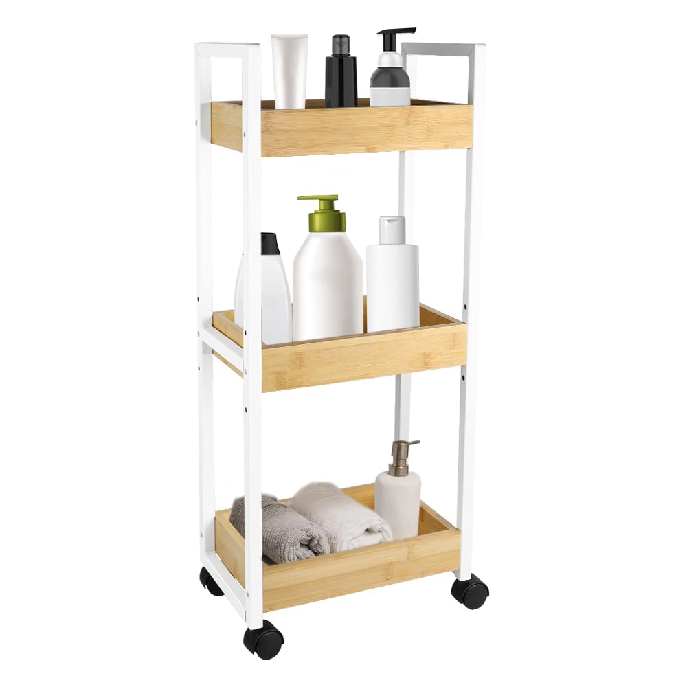 Étagère Mince de Salle de Bains, Chariot de Rangement à 3 Niveaux sur roulettes,Etagère en Bambou et Bois de Salle de Bain Étagère Debout 3 paniers dim. 30L x 20l x 80H cm-Blanc