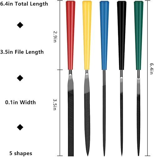 Miniatura 2 de Juego de 5 limas de agujas con funda de cuero sintético, incluye lima plana, cuadrada, triangular, redonda y semicircular para metal, joyería,
