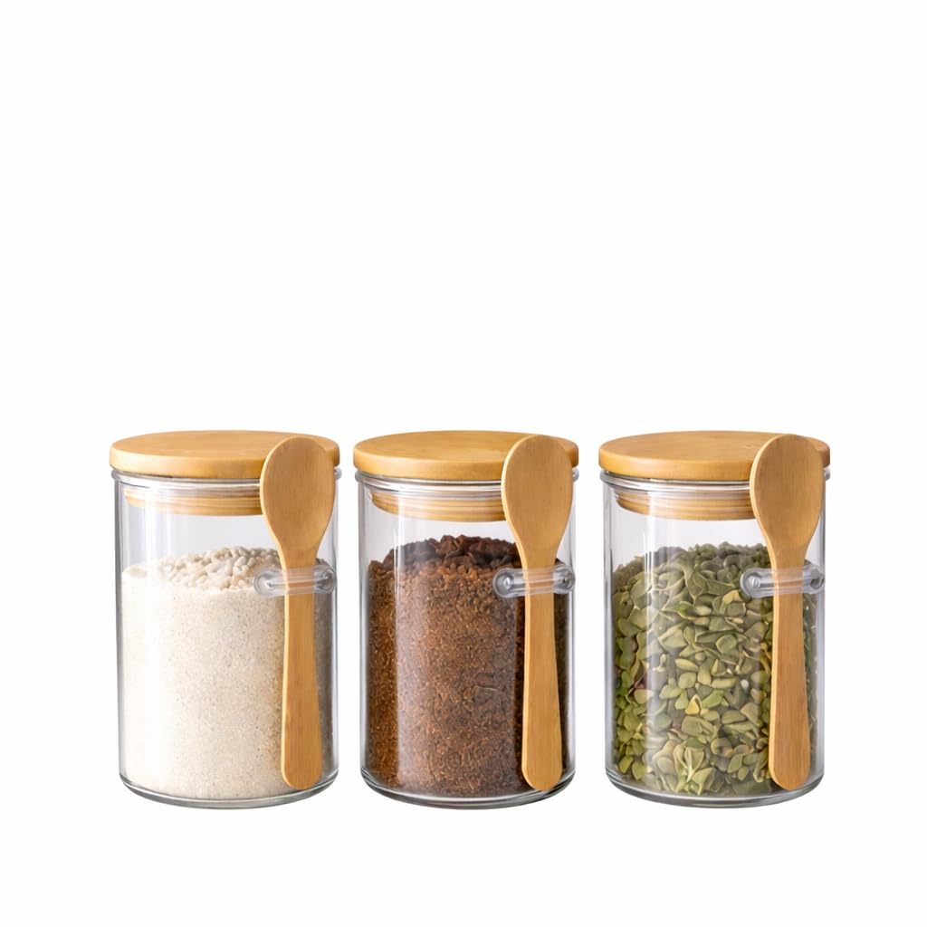 Print Maniacs Transparent Small Glass Storage Jar Set 300Ml With Bamboo Lid And Spoon Airtight Kitchen Container For Spices Sugar Honey Tea Clear Glass Canister With Wooden Spoon Food Storage Jars
