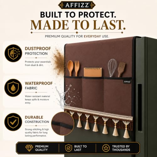 Image of Premium Fridge Cover Top for Single Door Refrigerator with Tassle Lace & 6 Side Pockets | Waterproof, Dustproof & Washable Polyester Refrigerator Cover Top, Organizer Fridge Top Cover (Brown)