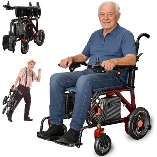 Ultraligera Carbono Fibra Silla de Ruedas Eléctrica Plegable para Adultos, 12 kg, Doble Batería de Litio 10Ah, Motor 400W, Luces, Autonomía de 30 km, Capacidad de 100 kg