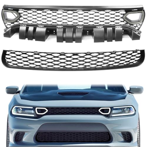 HYPER GLORY Front Bumper Upper & Lower Grille, Compatible with 2015-2023 Dodge Charger SRT/Scat Pack, Unpainted Black Grill Smoke Light PP SRT Style Replacement Front Grill Assembly, 2PCS
