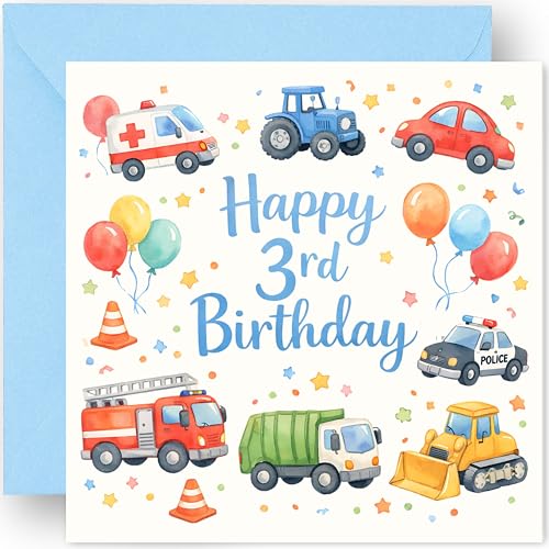 3rd Birthday Card for Boys - Three Today 3 Years Old Happy Third Birthday Greeting Card for Grandson Nephew Son or Boys - Includes Blue Envelope 14cm
