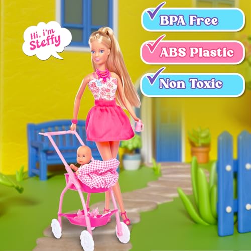 Image of Steffi Love Doll Set| Steffi Love Baby Walk Toy| Steffi with Baby & Stroll| Set of 15+ Baby Essentials| Pretend Play Set| Ideal Gift for Girls Age 3+ (Pink)
