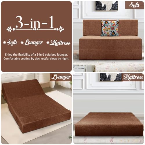 Image of Los Angeles Foldable One Seater Sofa Cum Bed, Sofa Bed 3 X 6 Feet Jute Fabric Washable Cover- Including Cushion Perfect for Living Room - Brown