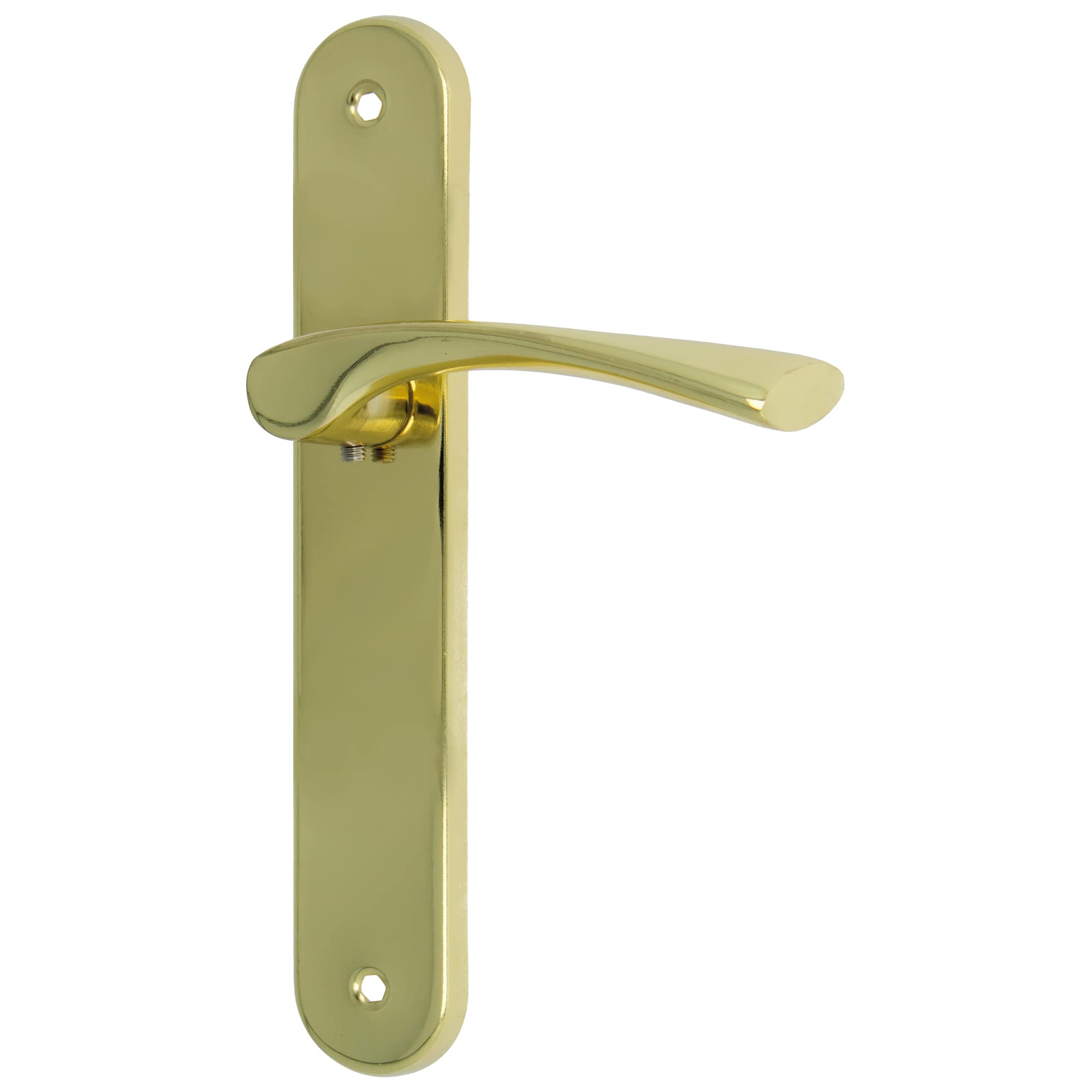 Amig - Juego de 2 Manillas de Placa Ovalada de Acero y Tirador de Zamak con Acabado Latonado Barnizado para Puertas de Paso de Interior - 237 x 40 mm · Manivela 120 mm - Incluye Tornillos