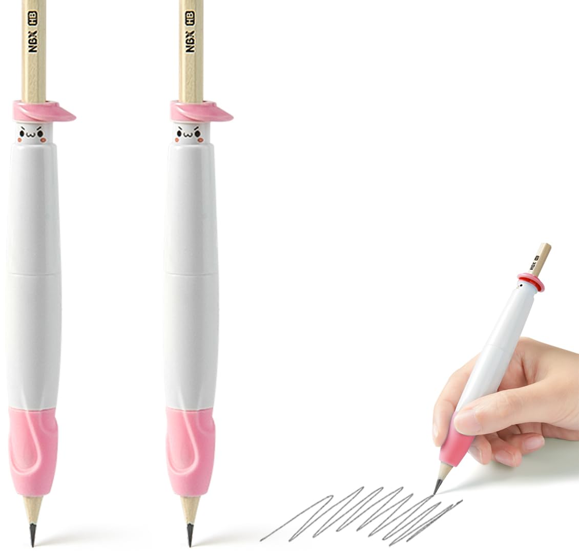 Pencil Grips for Children, Comfortable Writing Aid for Improving Handwriting, can Serve as Mechanical Pencil, Pencil Extender & Pencil Cap, Posture Correction Tool for Toddlers (2PCS, Pink+Pink)