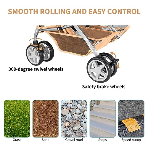 Joyfultails Hundewagen, Doppel-Haustier-Kinderwagen, faltbarer Kinderwagen für 2 Hunde und Katzen, Zweisitzer-Tragetasche, Twin Dog Walk Jogger, Reise-Haustierwagen mit Stauraum, Beige