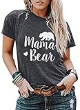Women Mama Bear Graphic T-Shirt Crew Neck Loose Fit Summer Tops Mom Letter Print Tshirt Dark Gray