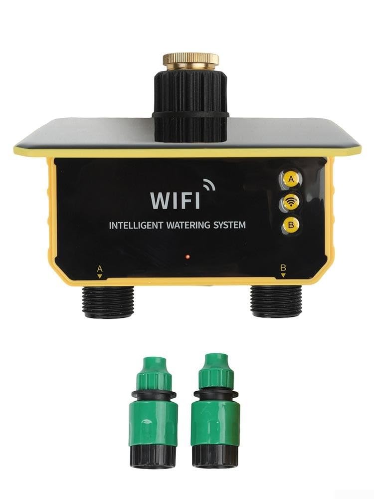 Timer di irrigazione solare con controllo intelligente tramite app, sistema di irrigazione automatico abilitato Wi-Fi, doppia alimentazione tramite pannello solare e USB, sensore pioggia, programma
