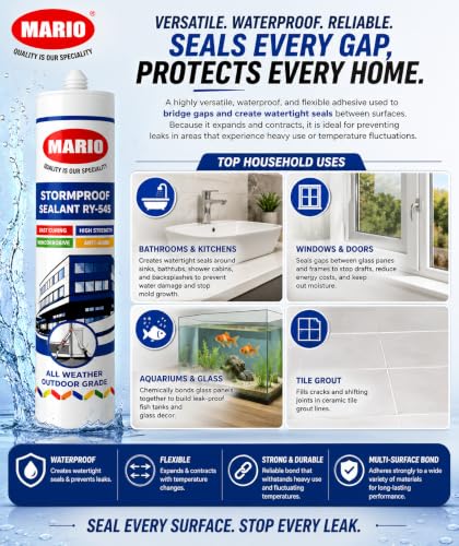 Image of Mario Black Waterproof Silicone Sealant - Heavy Duty Outdoor Grade Adhesive for Roof, Window & Bathroom, Fast Curing, Weatherproof, Crack Resistant