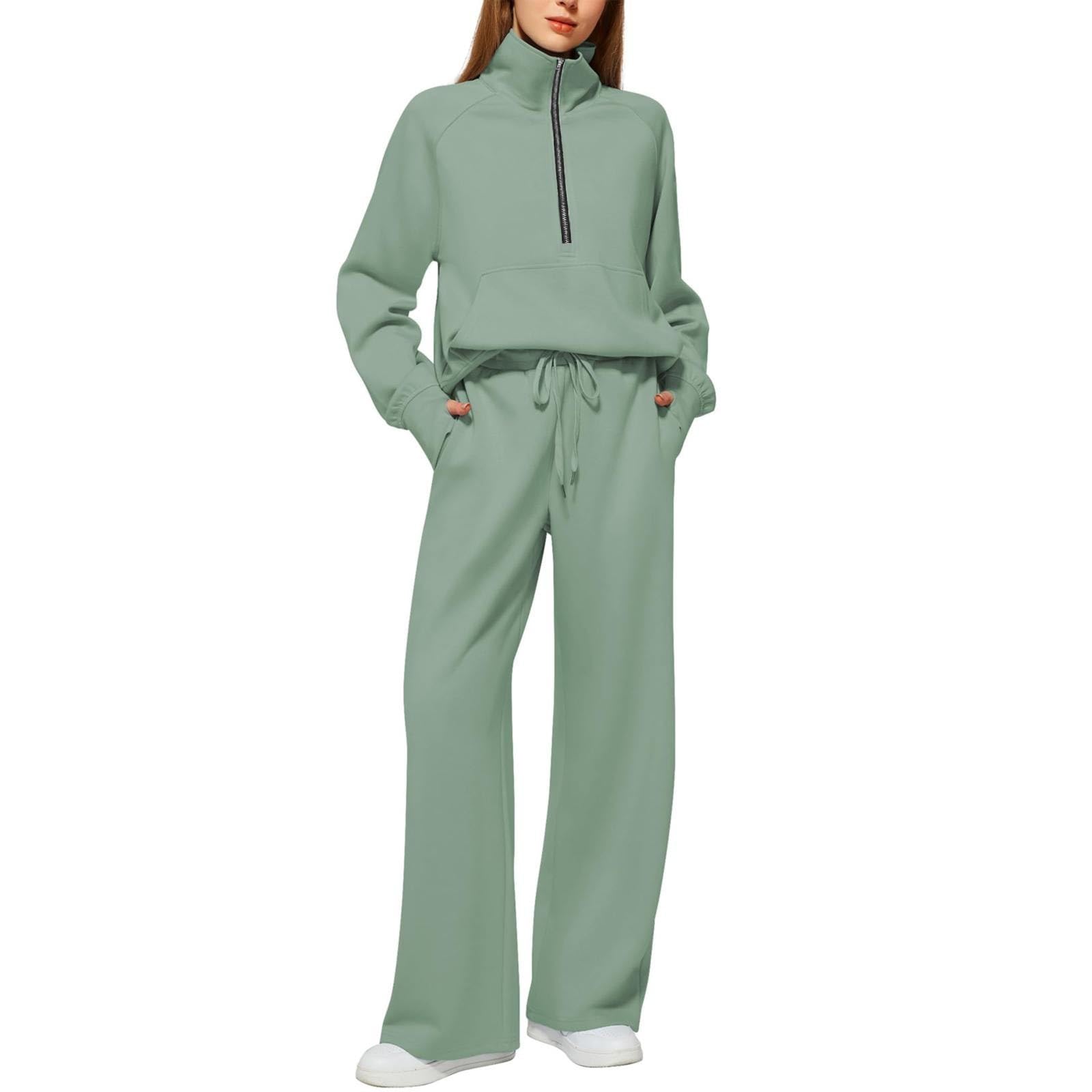 MJGkhiy Chándal de mujer deportivo de invierno, sudadera con 1/2 cremallera sin capucha y pantalones, chándal de pierna ancha, juego de dos piezas, completo para gimnasio, color liso, deportivo y