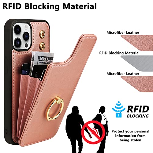 Funda cartera para iPhone 12 con soporte de anillo y tarjetero protector RFID doble botón 5