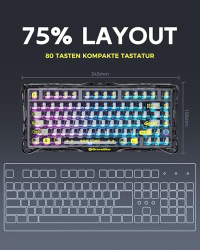 GravaStar Mercury K1 Lite 75% Gaming Tastatur, Gasket Hot Swap Gaming Tastatur Kabellos mit RGB Hintergrundbeleuchtung, BT5.0/2.4G/USB-C, Mechanische Tastatur für Win/Mac, QWERTY – Bild 3