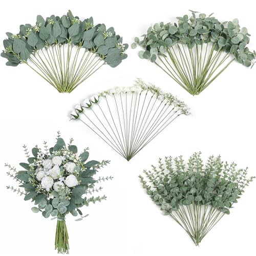 FOTEEWL 110 Pcs 7 Kinds Mixed Eucalyptus Leaves Stems and Artificial Flowers, Bulk Faux Silver Dollar Eucalyptus Leaves Branches for Wedding Party DIY Bouquets Floral Arrangement Home Decor (Green)