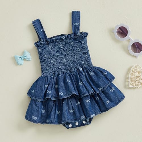 Baby Girls Denim Romper Dress Straps Sleeveless Bow Print Pleated Ruched Cake Smash Layered Skirt3