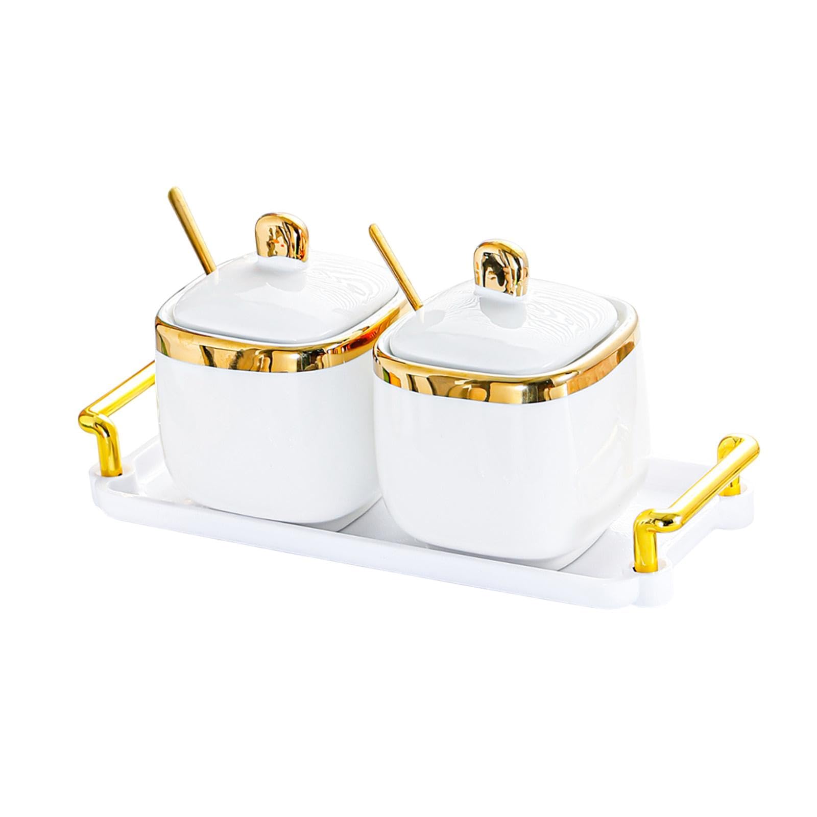 Porzellan Gewürzbehälter, Gewürzbehälter, Aufbewahrungsbox für Lebensmittel, Salz Zucker Behälter mit Löffel für Urlaub, Arbeitsplatte, Bar, Zuhause, 2 Gläser Gold