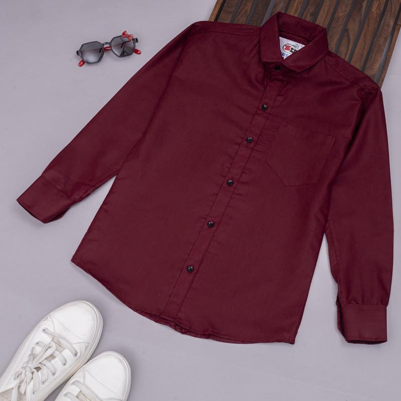 Image of Boy's Kids Regular Fit Solid Pattern Cotton Shirt with Pocket Collared Neck Long Sleeve Button Down Closure Type and Standard Length | Boys Cotton T-Shirts Set | Shirt for Boy
