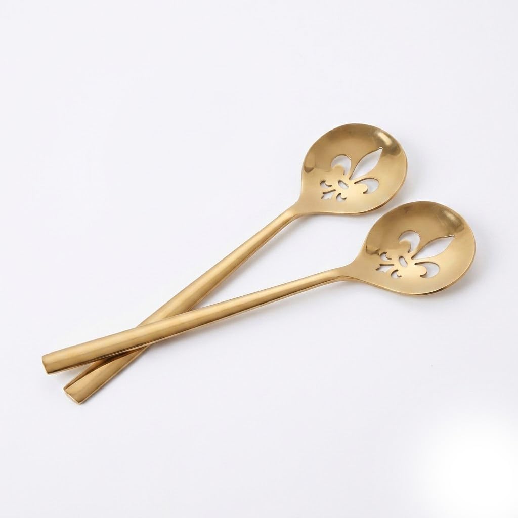 IHI EST. 1986 Gold Fleur-de-Lis Salad Server Set, 11.25 Inch Metal Serving Utensils with Cutout Design, Decorative Gold Serving Spoon Set for Salads, Pasta, Buffet and Holiday Entertaining
