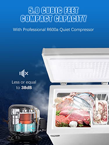 Chest Freezer Freestanding Deep Freezer 5.0 Cu Ft With Storage Basket And Adjustable Feet Top Open Door Small Compact Freezer Adjustable Thermostats For Garage Dorm Kitchen Office Business, White #TOP4