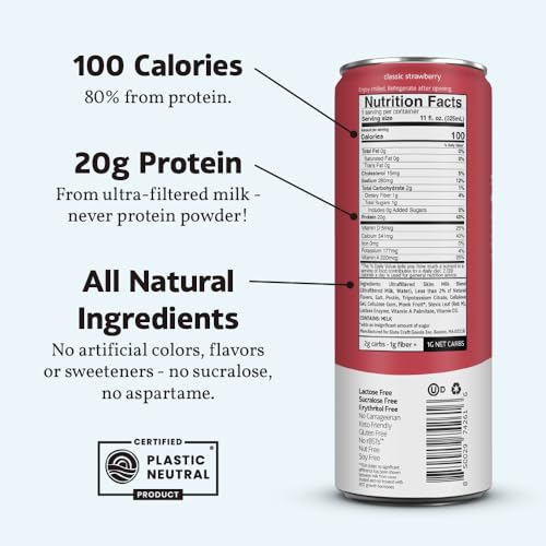 Image of Slate Milk - High Protein Milk Shake - Classic Strawberry - Lactose Free, 20g Protein, 1g Sugar, 100 Calories, 1g Net Carbs, No Added Sugar - Natural, Breakfast Boost, Post Workout - 11 fl oz, 48 Cans