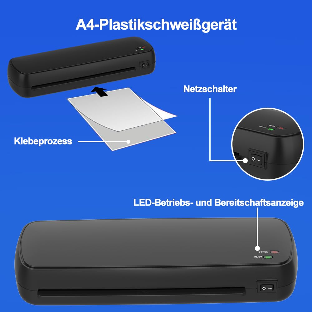 Plastificatrice A4 con riscaldamento rapido, plastificatrice a caldo/freddo con anti inceppamento e 300 mm/min, con 20 pellicole, per documenti, foto, compatta per ufficio e casa