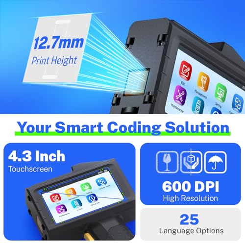 0.5 Inches Print Height Intelligent Handheld Inkjet Printer Lasts 16H Weighs Only 390g for Batch Code Date Lot Number Print on Plastic Carton Wood Metal Glass Aluminum with 42ml Fast Dry Ink