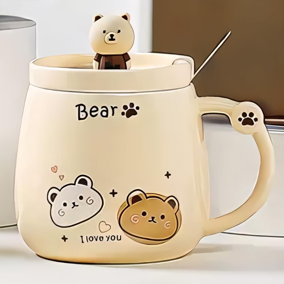 Image of BonZeal 3D Teddy Bear Mug with Lid & Spoon, 380 ML Ceramic Coffee Mug Cup | Cute Birthday Gift for Girls Women, Return Birthday Gift, Rakhi Gift for Brother | Panda Mug Style Mugs for Coffee Unicorn
