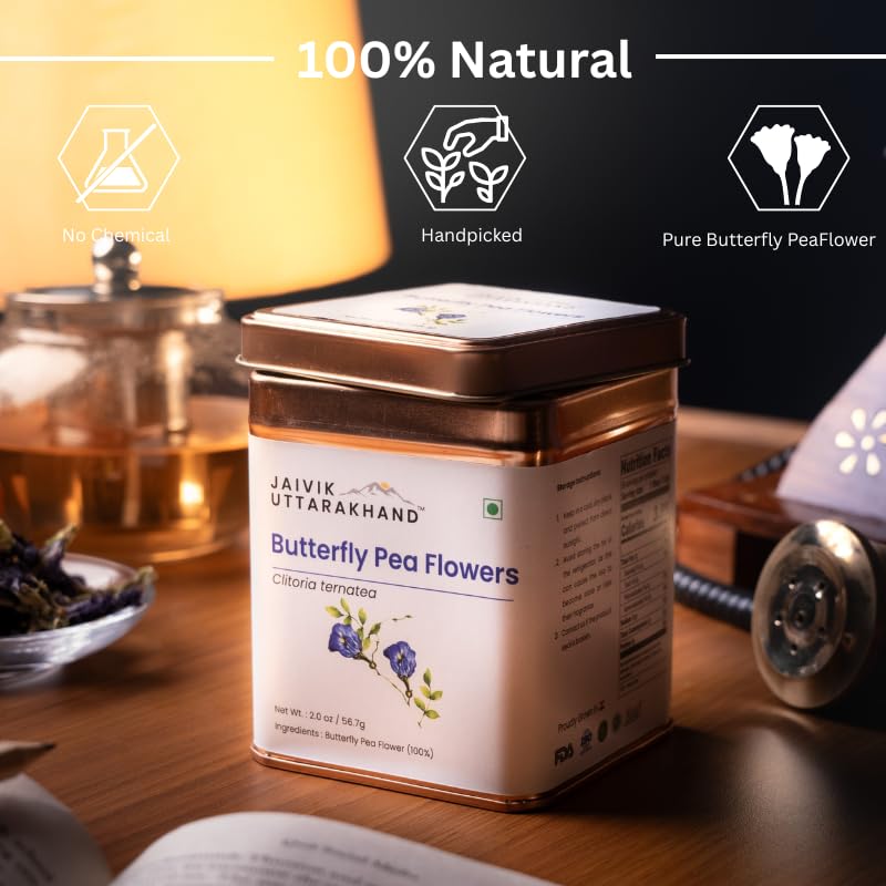 Image of Jaivik Uttarakhand Butterfly Pea Flower Tea (56.7 g), Clitoria Ternatea, Healthy Beverages, Hair Growth, Immune Support, Pack of 1 Tin Can