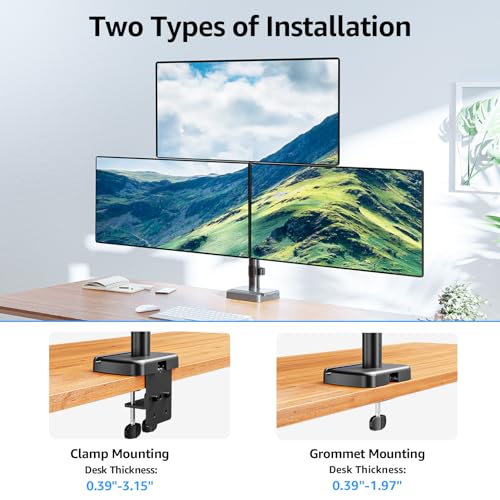 Image of MOUNTUP Triple Monitor Mount Fits Max 32 Inch Screen, Holds 4.4-17.6lbs, 3 Monitors Desk Mount, Triple Monitor Stand for Desk, Adjutable Arm with Clamp /Grommet Base, for Home Office, 75x75 /100x100
