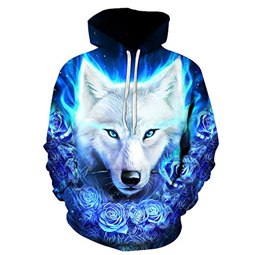 Sudadera con Capucha Unisex 3D de Forro Polar con Bolsillo de Canguro Lobo Blanco para Hombre Adolescentes Sweatshirt Hombre Mujer Sudadera con Capucha Casual Manga Larga Pullover