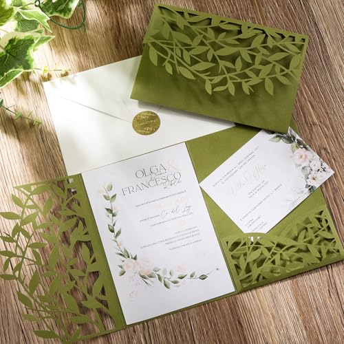 Invitaciones de boda verde oliva cortadas con láser para personalizar impresiones de fiesta 7