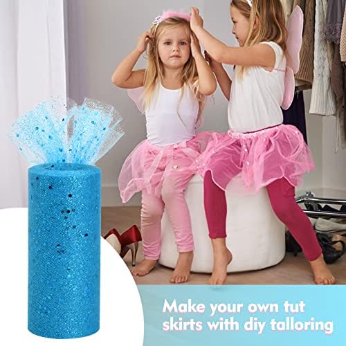 Cozlly 5.8 inches x 25 Yards Glitter Tulle Fabric Roll, Sparkle Tulle Roll Glitter Sequin, Sparkling Polyester Tulle Roll Spool, Tutu Netting Fabric for Tutu Party, Gift Wrapping, DIY Bow (Blue)