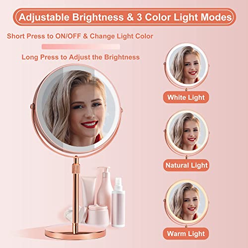 Makeup Mirror With 3 Color Lights, Height Adjustable,10X Rechargeable Magnifying Mirror With Light,Light Up Mirror With Magnification,Led Cosmetic Vanity Mirror With Touch Control (Rose Gold) #TOP4