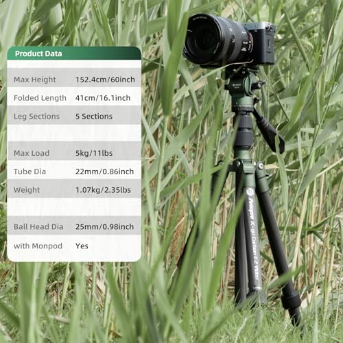 Image of Fotopro 62 inch Carbon Fiber Travel Tripod, Lightweight Compact Video Tripods with Fluid Head, Detachable Monopod with Arca-Swiss Quick Release Plate and Bag, Camera Tripod Load up to 8KG /17.63lbs, Green