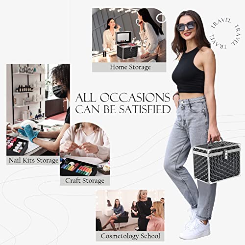 Professional Makeup Train Case Travel Organizer Case Cosmetic Storage Box With Divider Tray And Mirror Portable Cosmetology Travel Box For Makeup Artist, Nail Tech Kits, Crafters Train Case Black #TOP5