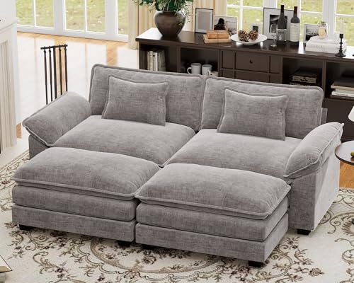 CDCASA 86" Modular Sectional Sofa, Comfy Cloud Couch with 2 Movable Ottoman, 4-Seater Chenille Deep Seat Sofa Bed Modern Sofa Couch for Living Room, Grey