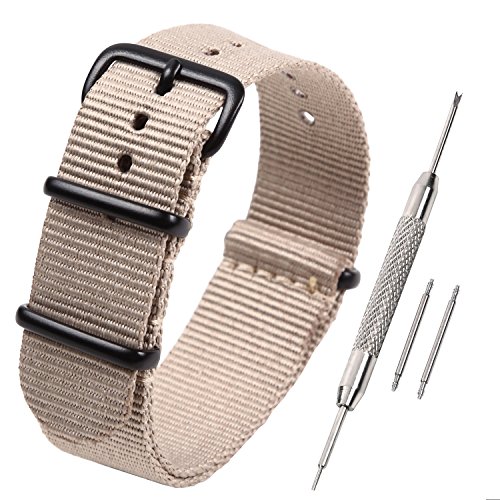 Airself NATOタイプ 時計ベルト 時計バンド ナイロン 替えバンド 替えベルト (交換説明書 交換工具 バネ棒付) (20mm, ベージュ 黒バックル)