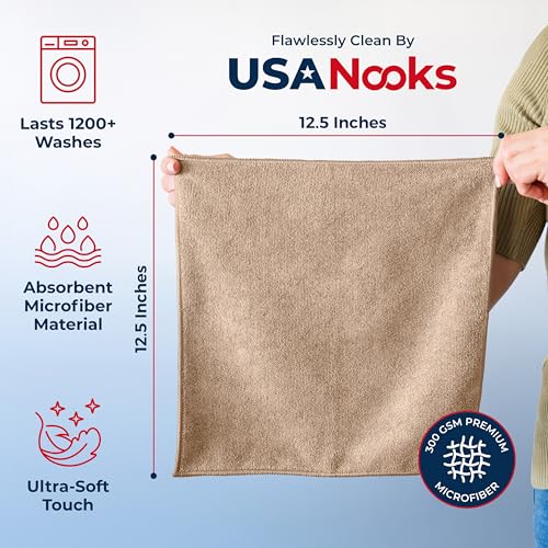 Image of USANOOKS Microfiber Cleaning Cloth - Beige - 24Pcs (12.5x12.5 inch) High Performance - 1200 Washes, Ultra Absorbent Car Towel Traps Grime & Liquid for Streak-Free Mirror Shine - car Washing Cloth