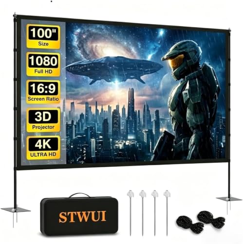 Image of STWUI Outdoor Projector Screen with Stand-100 Inch 16:9 4K HD Portable Projector Screen Outdoor Indoor Front & Rear Projection Screen Lightweight Movie Screen with Carry Bag for Home,Backyard,Camping