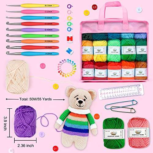 Image of Crochet Yarn Kit for Beginners Adults and Kids, Includes 1650 Yards 30 Colors Acrylic Skeins, User Manual, Hooks, Pink Bag etc, Make Amigurumi & Crocheting Projects, Starter Set for Professionals