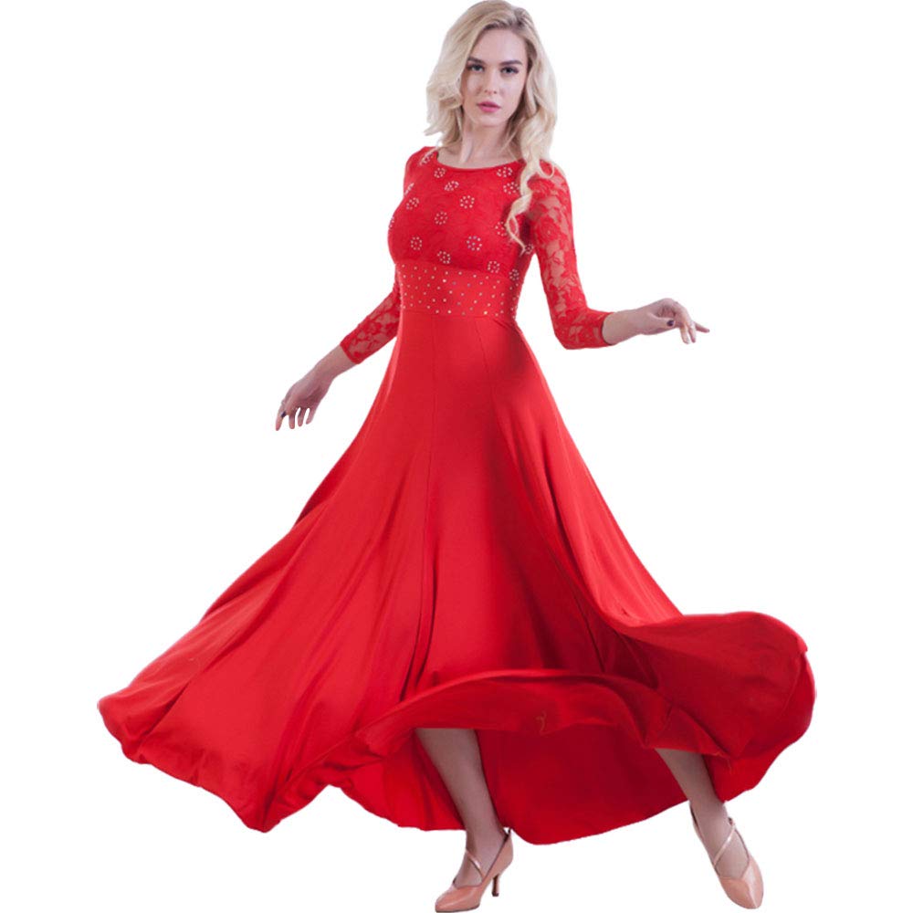 ZooBoo Prom Ballroom Dance Dress - Dancing Modern Smooth Waltz Tango Party Latin Swing Competition Dancewear Skirt Dress Costumes Long Sleeve Leotard Apparel and Accessories for Women (Red, XXL)